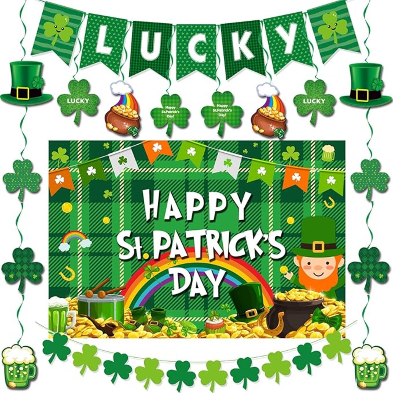 St Patricks Day Decorations, St. Patrick's Day Decor Banner Photography Backdrop Hanging Swirls Shamrock Ornament Decorations for Irish Saint Patricks Day Party Accessories